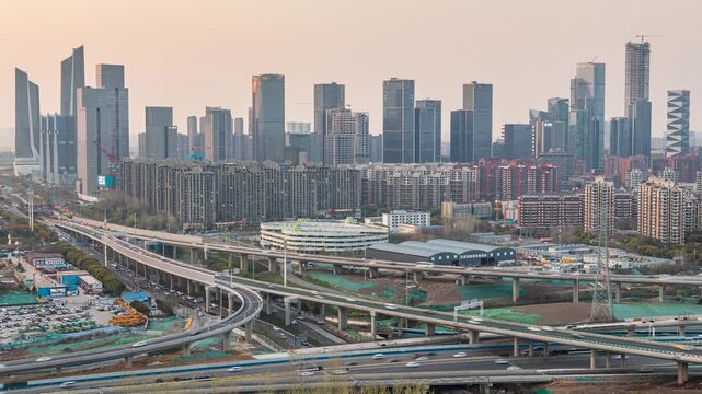 Nanjing Modern Skyline with Elevated Highways at Sunset in Nanjing, Jiangsu, China