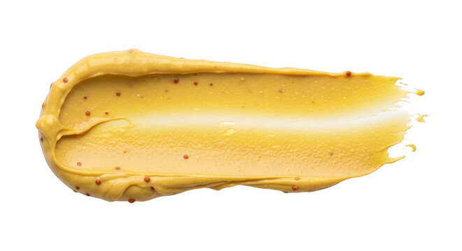 A horizontal smear of yellow dijon mustard with visible brown mustard seeds, isolated against a solid black background