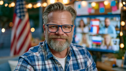 Fototapeta premium Middle manager hosting all-hands video call from living room during July Fourth week, American flag visible through window in golden hour light, team grid showing faces from six countries, holiday s