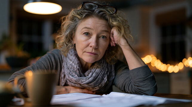 Middle-aged woman sitting alone at kitchen table at 2am, newly diagnosed ADHD paperwork spread before her, suburban home quiet around her, expression mixing relief and grief, overhead light casting 