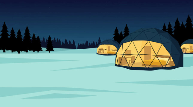 Luxury glamping domes in a snowy winter night forest under starry sky