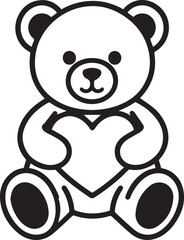 Fototapeta premium A charming cartoon teddy bear graphic, rendered in bold black and white, sits attentively, clutching a large heart symbol close to its chest. The simple.
