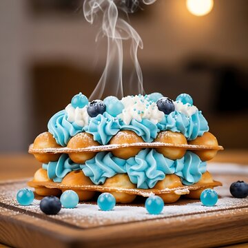 Delicious bubble waffle sandwich with blue cream and fresh blueberries.
