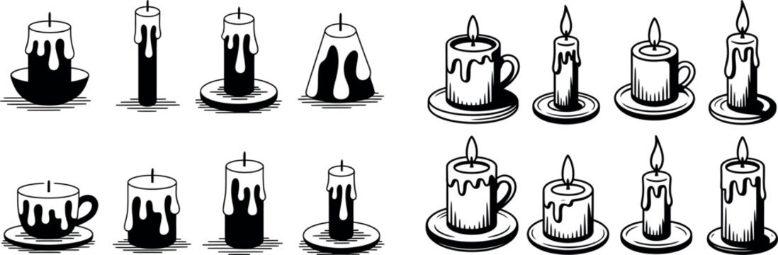 Set of burning and melting candles in different shapes and styles wax drips a versatile vector graphic collection isolated