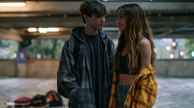 Two online friends from different states meeting at midpoint city, standing in empty municipal parking structure, recognizing each other from profile images, the awkward and beautiful gap before the