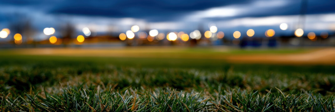 Baseball field grass stadium evening blur bokeh light sport outdoor empty baseball diamond landscape dusk twilight sky cloud dramatic moody lawn ground foreground texture pattern detail focus