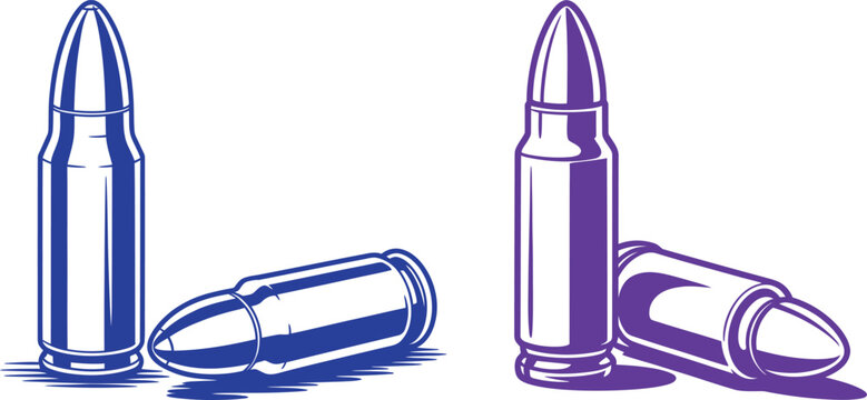 Two bullet casings and two standing bullets in blue and purple outlines with ammunition cartridge shooting military violence conflict security