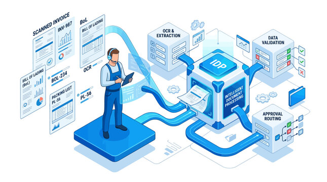 Intelligent Document Processing IDP System with Isometric Workflow Automation and OCR Data Extraction for Business Digital Transformation