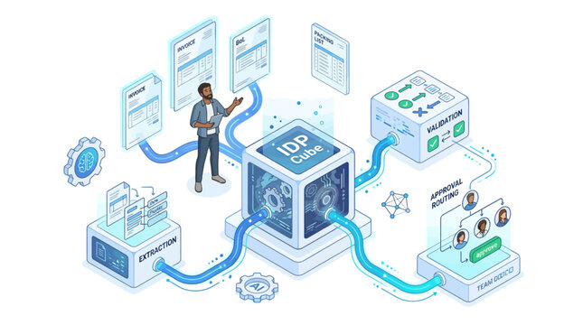 Intelligent Document Processing IDP Isometric Infographic with Data Extraction and Automated Workflow