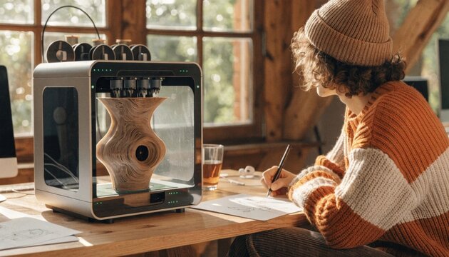 Person creating sustainable product with modern desktop printer in home office innovative maker environment focused viewpoint