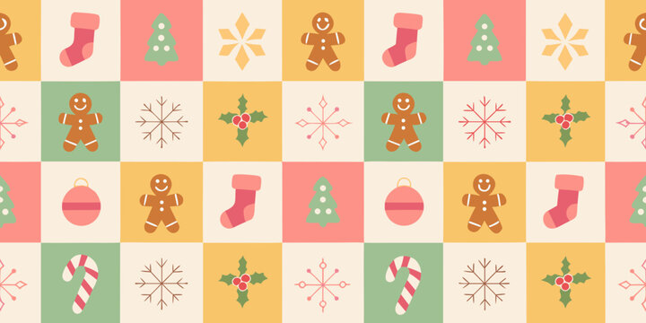 Christmas Ornament Gingerbread Man And Candy Cane Vector Pattern With Pastel Colors