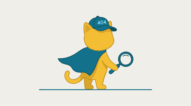 Cartoon cat with 404 error cap and cape holding magnifying glass, troubleshooting concept