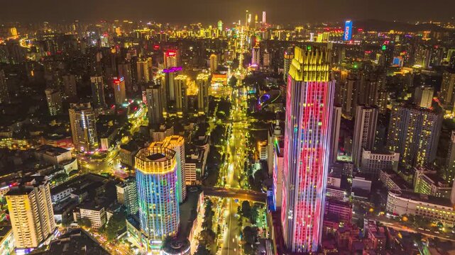 Changsha Night Skyline with Illuminated Skyscrapers and Busy Roads in Changsha, Hunan, China