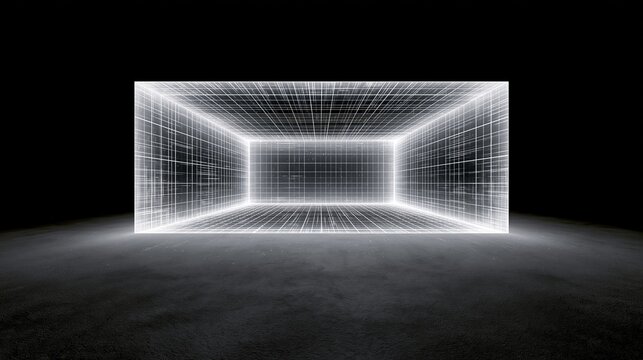 A futuristic wireframe structure glows brightly in a dark room with a textured floor