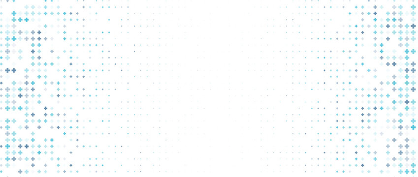 Medical pattern with blue crosses on white background. Healthcare texture featuring plus signs in various sizes for hospital presentations and health-related designs.Eps10