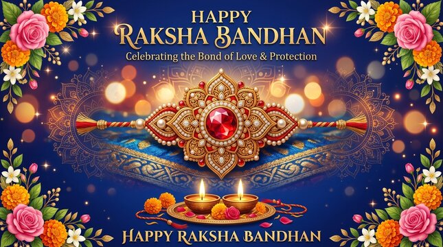 Happy Raksha Bandhan vector background with beautiful ornate rakhi, festive diya oil lamps, floral border, and traditional Indian decoration for sibling bond celebration