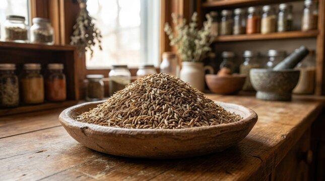 Rustic wooden bowl filled with cumin seeds in a charming country kitchen setting