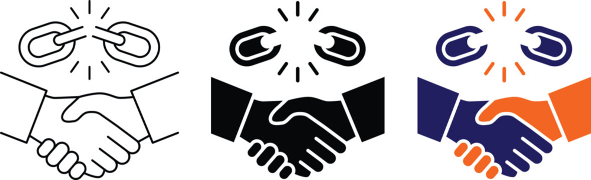 Set of handshake and broken chain link icons in outline solid and colorful styles for business partnership concept.