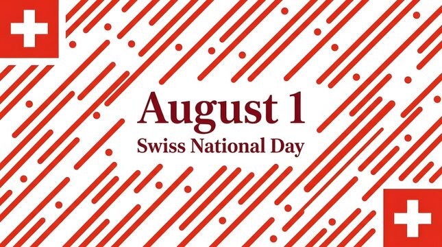 Swiss National Day celebration with red and white diagonal stripes background and August 1 text
