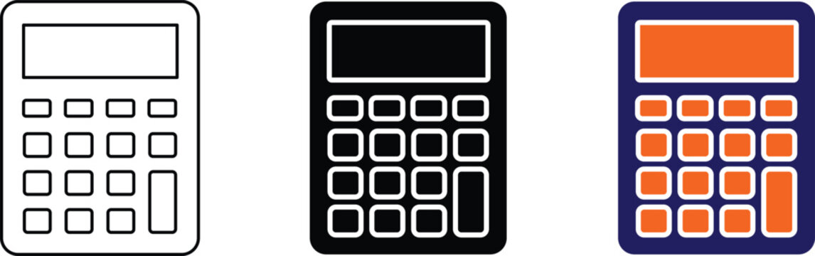 Calculator icon outline black and color versions set isolated on white background.