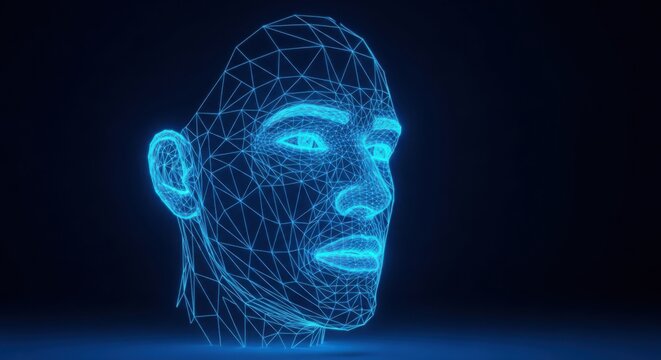 Digital human face made of blue glowing wireframe mesh illustration