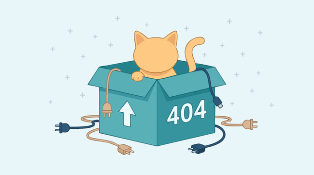 404 Page Not Found error concept with cat in box and unplugged cables