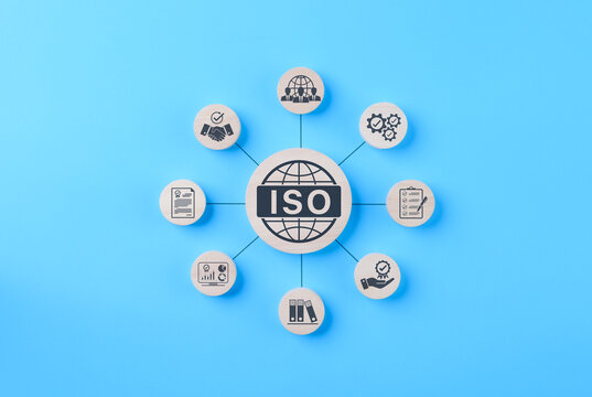 ISO certification and quality management system concept, ISO icon connected with audit, checklist, compliance, document control, global standards, process improvement and business assurance symbols