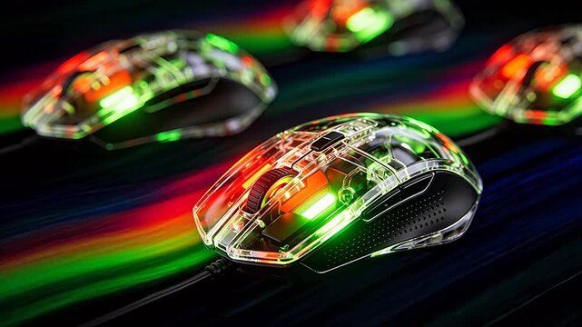 Gaming computer mice with transparent shells and internal rgb lighting on black