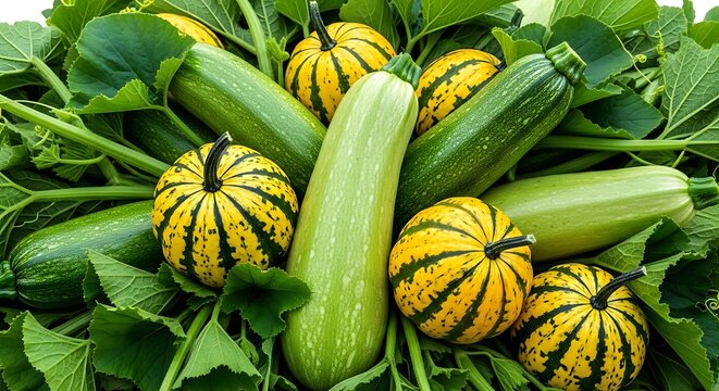 Fresh organic zucchini and yellow striped squash vegetables in garden setting