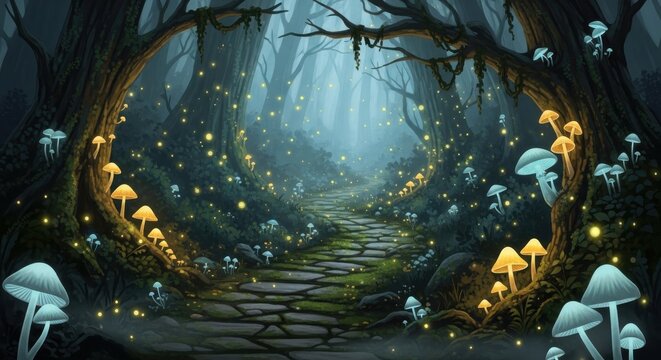 Enchanted Forest Pathway Illuminated by Mystical Glowing Lights and Fantasy Flora