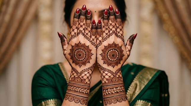 Close-up of a woman hands with beautiful traditional henna mehndi design on her wedding day, wearing an elegant green saree.