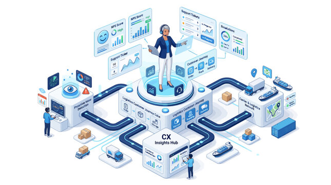 Isometric Customer Experience and Logistics Management System with Data Analytics Dashboard and Digital Supply Chain Visualization