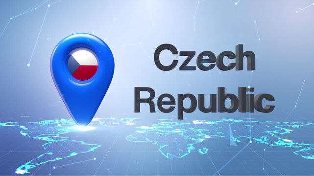 Czech Republic Flag Inside Location Pin On Digital World Map Animation