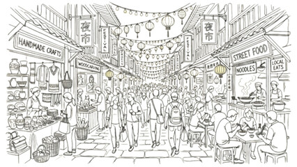 Obraz premium Traditional Night Market Minimalist Continuous Line Art Illustration