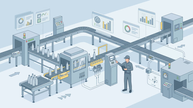 Isometric smart factory production line with automated conveyor belt bottle packaging and digital monitoring dashboard in soft blue color palette for industrial technology and manufacturing concepts