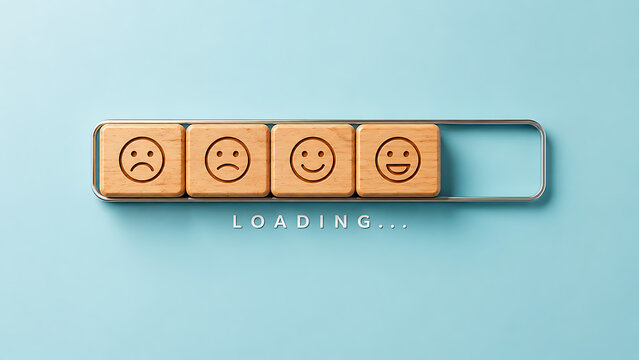 Customer satisfaction progress loading bar with emotional icons representing feedback evaluation user experience improvement and service quality tracking business analytics