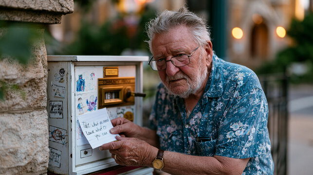 Elderly man placing handwritten note in community fridge outside urban church in July morning heat, fridge decorated with neighbor drawings, street quiet at 7am, one act of belonging amid city anony