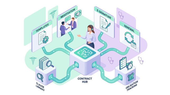 Isometric contract management software workflow with digital document processing and lifecycle automation hub in soft pastel colors for corporate business presentation