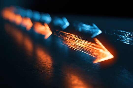 Directional Flow: A dynamic arrangement of glowing arrows, some orange and some blue, move forward in a stream, creating a sense of motion and progress in a dark, reflective environment.