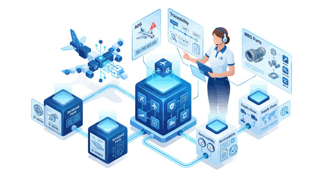 Isometric aircraft MRO maintenance and aerospace supply chain management system with digital operator interface and data visualization graphics