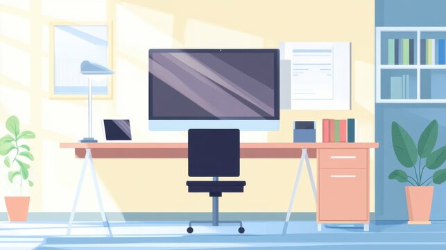 Illustration of a modern home office setup with a computer and sunlight streaming in a window