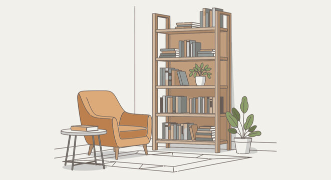 Cozy home library corner with bookshelf armchair and potted plants