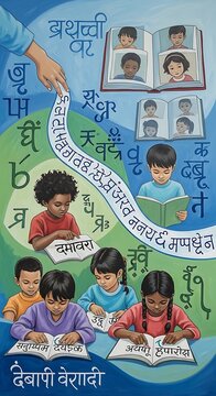 Diverse Group of Children Reading Books and Learning Languages Illustration.