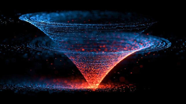 A vibrant digital illustration of a glowing blue and orange funnel in a dark space