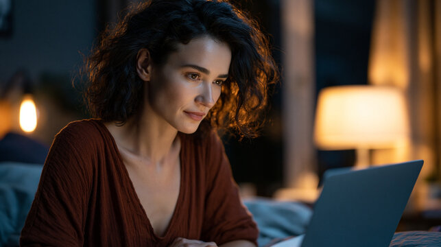 Online forum for adult ADHD, shown through laptop screen in dark bedroom, woman in her forties typing a message at 1am, expression intense with recognition as she reads others' stories, lamp casting