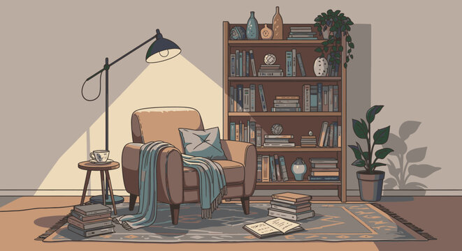 Cozy reading corner with armchair bookshelf and floor lamp