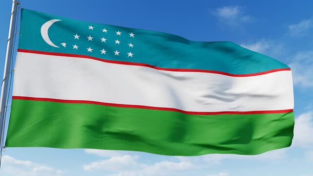 Uzbekistan Flag Waving in the Blue Sky with Clouds.