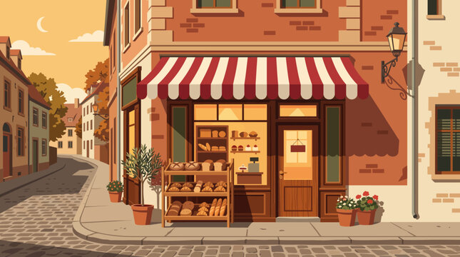Vintage French Bakery Storefront Retro Flat Vector Art