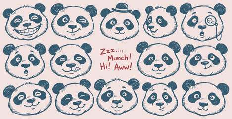 Collection of cute panda bear faces showing various emotions and expressions, hand-drawn illustration. © Riki