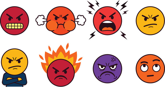 Angry Emoji and Annoyed Emoticon Character Vector Set Featuring Furious Screaming Steaming and Grumpy Face Expressions for Social Media Graphic Designs